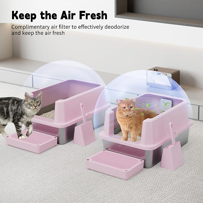 RIZZARI Stainless Steel Cat Litter Box, Semi-Closed Litter Box with High Edges, Large Odorless Litter Pan with for Small to Large Cats (Pink with Deodorizer, 2 Pack)