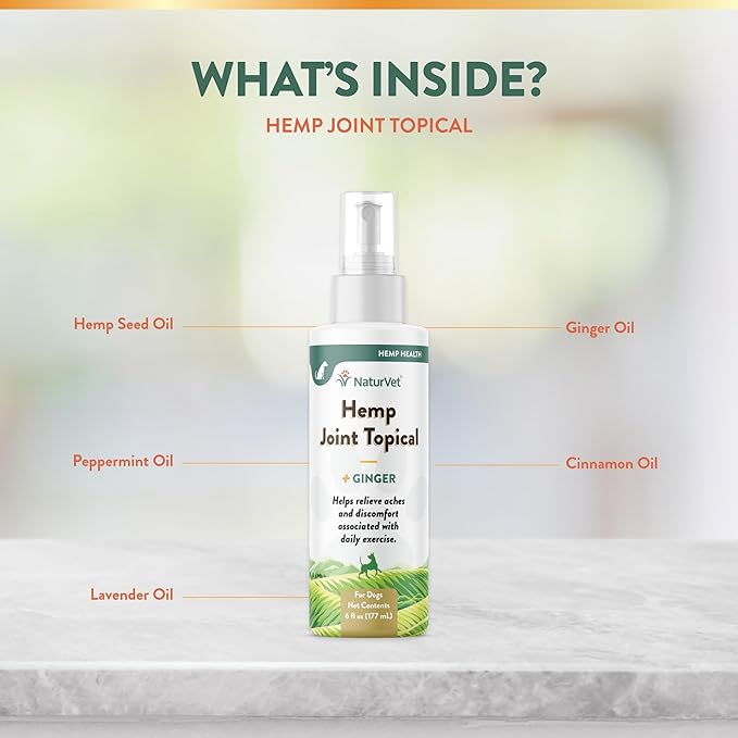 NaturVet Hemp Joint Topical Spray with Ginger for Dogs, 6oz Liquid, Made in The USA
