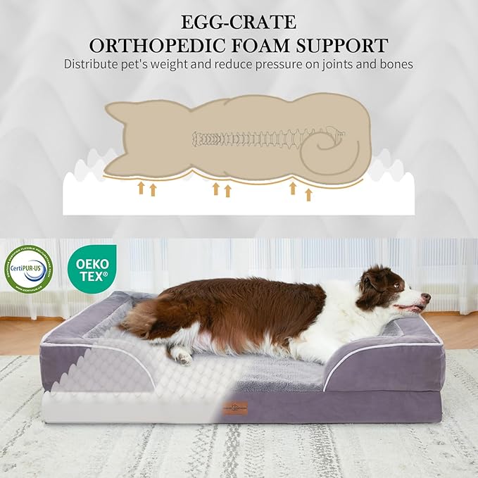 Comfort Expression Waterproof XL Dog Bed Orthopedic Foam Dogs Beds, Extra Large Dogs Bed with Bolster, Washable Dog Sofa Pet Beds with Removable Cover & Non-Slip Bottom(X-Large,Purple)
