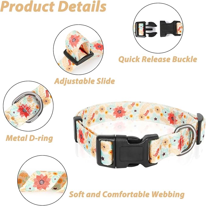 HEELE Dog Collar, Adjustable Soft Dog Collar for Small Medium Large Dogs,Floral Patterned Puppy Collars with Quick Release Buckle Galsang White M Length 13.39''-20.87''