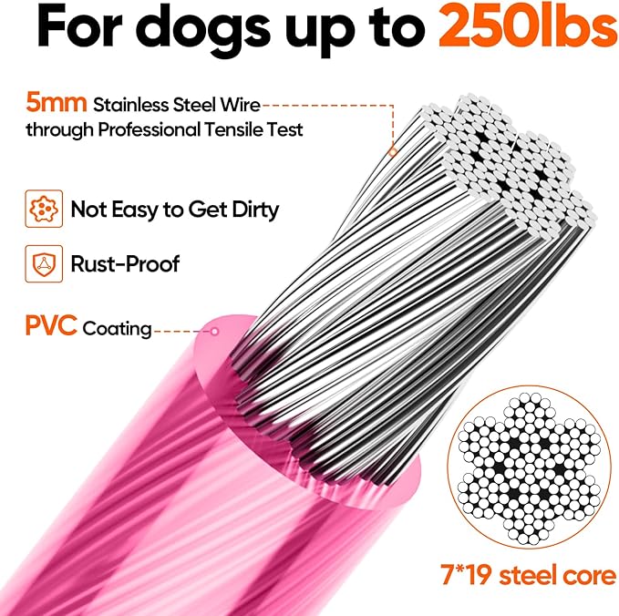 Tresbro 30FT Reflective Tie Out Cable for Dogs Up to 250 Pounds, Steel Wire Lead Leash Cable with Stainless Rotatable Buckle, Lightweight and Enduring, Dog Chains Outside for Outdoor, Yard, Pink