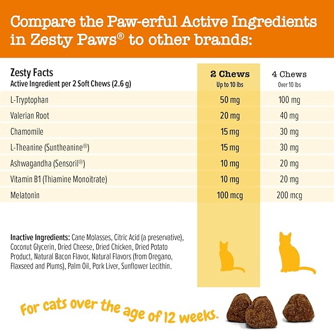 Zesty Paws Calming Chews for Cats - Composure & Relaxation for Everyday Stress & Separation - with Ashwagandha, Organic Chamomile, L-Theanine & L-Tryptophan – Bacon - 60 Count - Cat