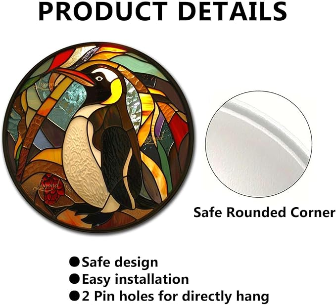 Lygond Metal Sign Tin Sign Circular Stained Glass Penguin Greenhouse Decor for Patio 12×12 Inches