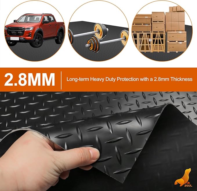 SEAL 4 x 8 Ft Premium Garage Floor Mat, Solid 2.8mm Thickened Black Commercial Grade Heavy Duty Parking Mat for Garage Floor, Golf Cart, Water/Stain Resistant Floor Runner (Embossed Diamond Plate)