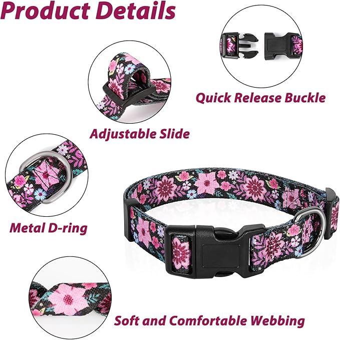 HEELE Dog Collar, Adjustable Soft Dog Collar for Small Medium Large Dogs,Floral Patterned Puppy Collars with Quick Release Buckle Galsang Black S Length 9.84''-14.96'
