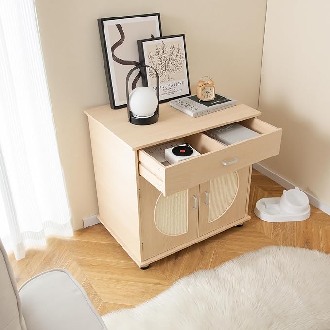 Tangkula Litter Box Enclosure, Hidden Cat Washroom with Drawer, Sisal Scratching Doors, Adjustable Metal Feet, Modern Cat Litter Cabinet Storage Bench, Double Enclosed Litter Box Furniture