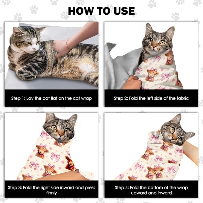 27.6" Cat Grooming Wrap, Self Adhesive Cat Wrap for Cutting Nails, Anti-Escape Calming Cat Swaddle Wrap for Medicine Ear Cleaning, Cow Anti-Scratch Cats Burrito Restraint Blanket, Practical Pet Tool