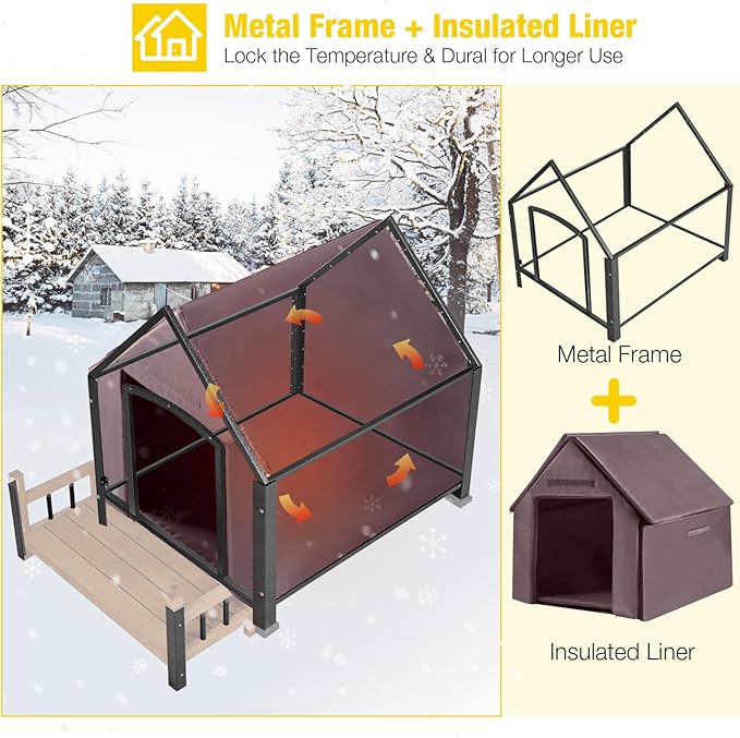 Dog House with Insulated Liner, Waterproof Dog Kennel for Small to Large Sized Dogs, Outdoor Doghouse 100% Insulated Puppy Shelter with Elevated Floor for Winter(Brown)