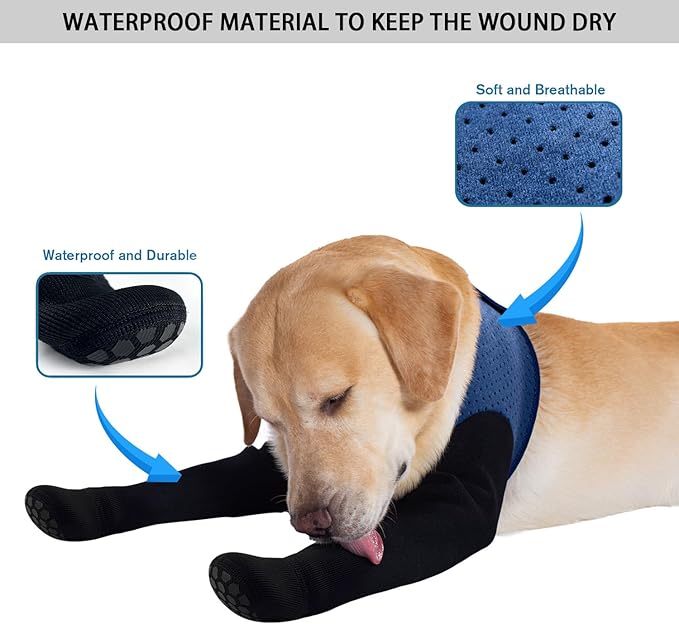 COODEO Dog Socks to Prevent Licking Paws, Dog Healing Bootss & Paw Protectors with Non-Slip Bottoms to Protect Wounds, Waterproof Sleeve Dog Shoes for Licking (Blue, L)