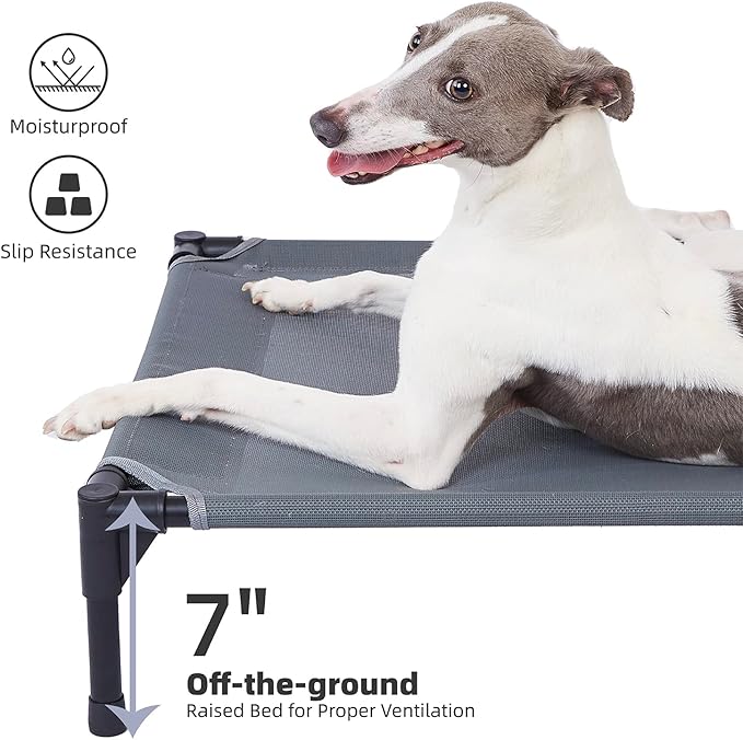 pettycare Elevated Outdoor Dog Bed - Raised Cot for Large Dogs, Heavy Duty Pet Cots Waterproof, Cooling, Washable Breathable Teslin Mesh, Durable, Non Slip, 42 Inches, Grey