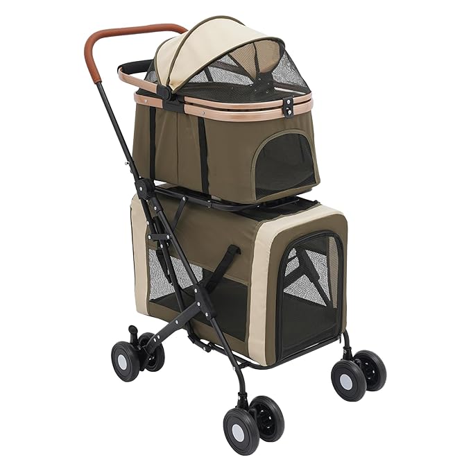 Foldable Pet Stroller for Small & Medium Dogs, Double Dog & Cat Stroller with 3-in-1 Travel System, Detachable Pet Carrier with Wheels for Cats and Dogs up to 77 lbs, Dark Green