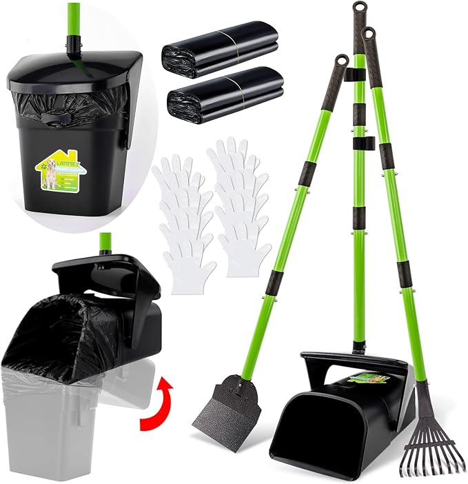 LANNEY Pooper Scooper - 38" Long Adjustable Metal Handle Dog Pooper Scooper Swivel Bin & Rake & Spade with 50 Bags Attachment, Portable Heavy Duty Dog Poop Scooper for Yard Dogs Large Medium Small