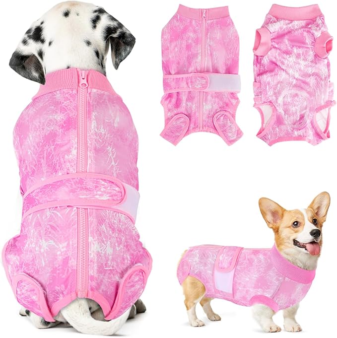 Lukovee Recovery Suit for Dogs, Zipper-On Onesie for Female Male Dog, Abdominal Wounds Cone E-Collar Alternative, Prevent Licking Spay (3XL, Pink Tie-dye)