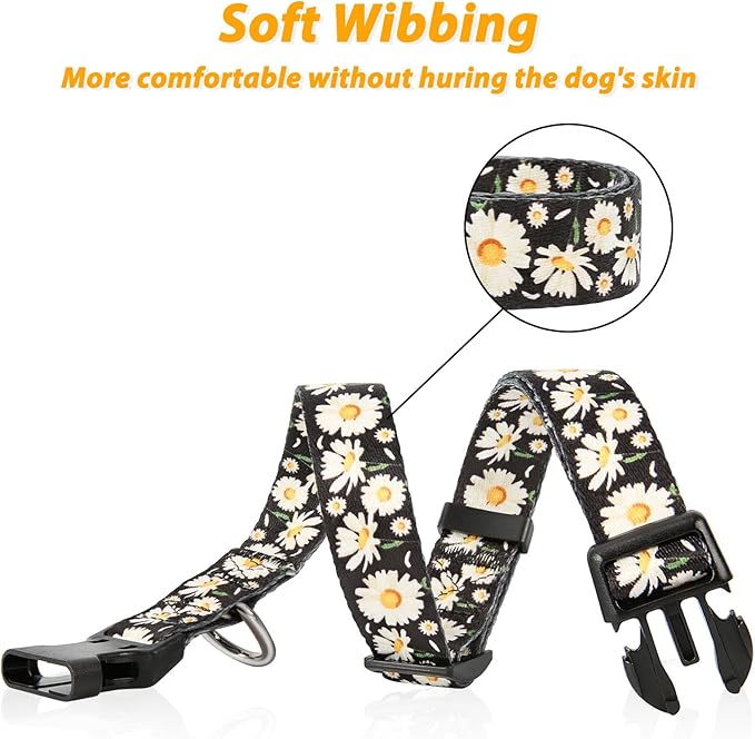 HEELE Dog Collar, Adjustable Soft Dog Collar for Small Medium Large Dogs,Daisy Floral Patterned Puppy Collars with Quick Release Buckle Daisy Black L Length 15.94''-25.59'
