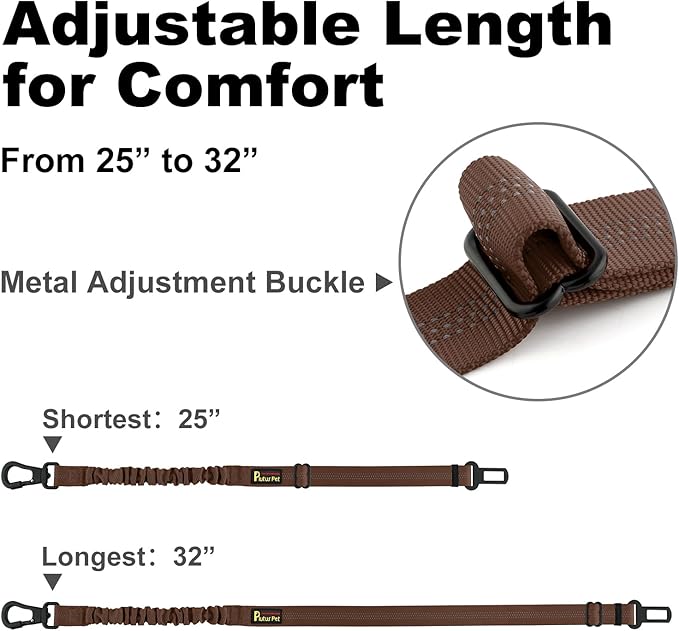 Plutus Pet Dog Seat Belt for Car, Adjustable Dog Car Harness with Carabiner Clip, Reflective Safety Dog Seatbelt Leash with Elastic Bungee, Chocolate