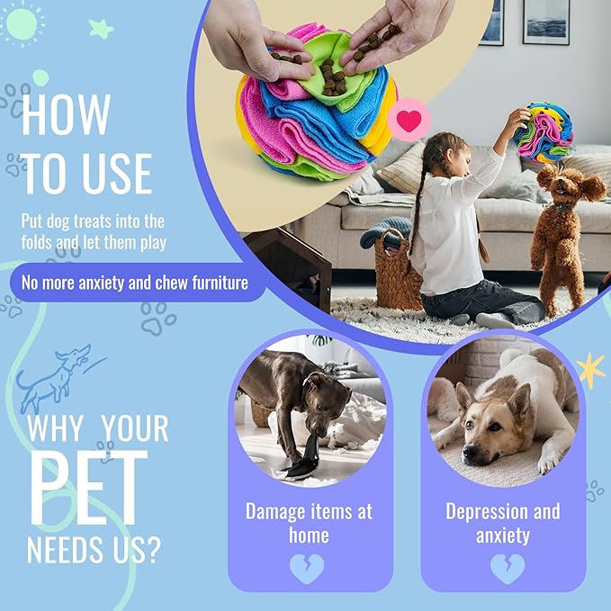 Pet Snuffle Ball, Puzzle Sniffing Interactive Dog Ball for Blind Dogs Training Stress Relief Dog Enrichment Toys Treat Machine Washable (20cm, New Rainbow Color)