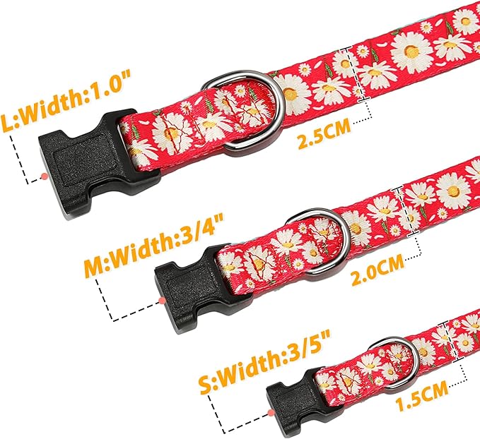 HEELE Dog Collar, Adjustable Soft Dog Collar for Small Medium Large Dogs,Daisy Floral Patterned Puppy Collars with Quick Release Buckle Daisy Red L Length 15.94''-25.59'