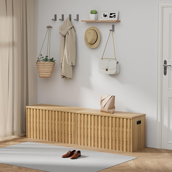UEV Storage Bench Set of 2, 39.4" Wood Box, Storage Trunk with 2 Safety Hinges, Ottoman Storage Chest Set of 2, Fluted Storage Bench for Bedroom, Shoe Bench for Bedroom, Living Room (Natural Wood)