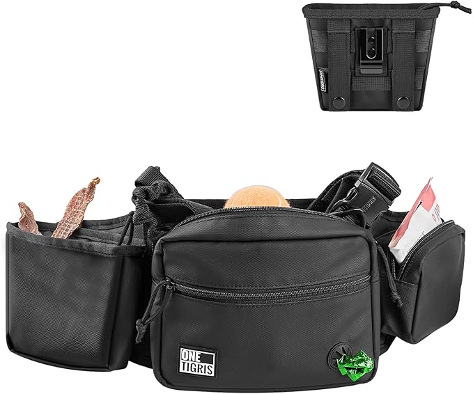 OneTigris Dog Treat Pouch for Training, Hands Free Dog Bag with Fanny Pack Waist Belt and Phone Holder, Portable, Waterproof, Adjustable, Large Capacity