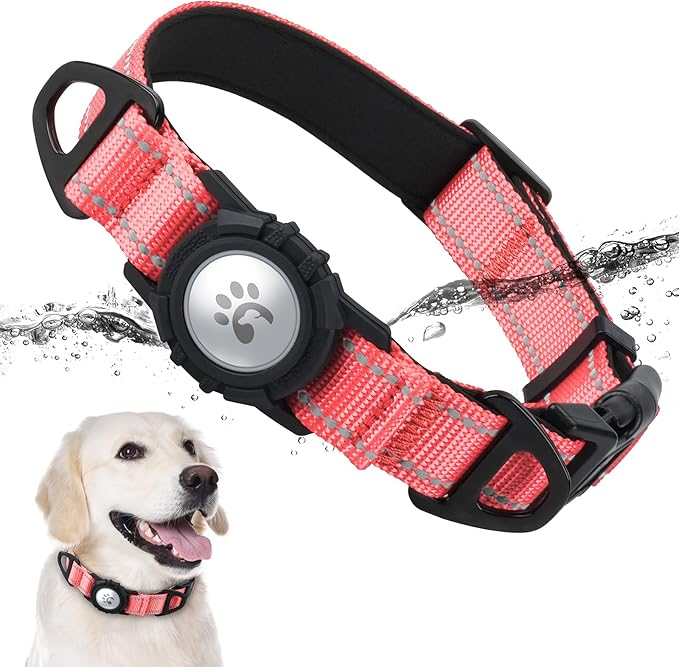 TagME Airtag Dog Collar,Waterproof Reflective Pet Collar with Airtag Holder,Soft Padded and Double D-Rings for Large Dogs,Baby Pink