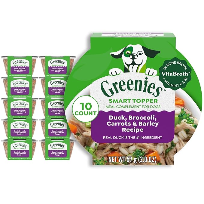 Greenies Smart Topper High Protein Wet Mix-in for Dogs, Duck, Broccoli, Carrots & Barley Recipe in Vitabroth Broth - Bone Broth + Vitamins E & B1, 10 Count