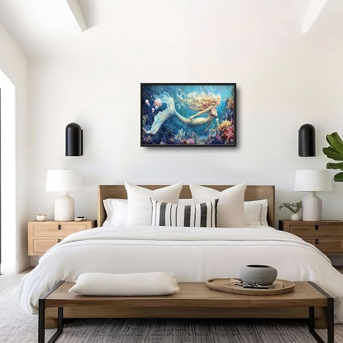 Extra Large Framed Mermaid Wall Art,Oversized Undersea Ocean Wall Decor,Colorful Coral Reefs Pictures for Living Room,Elegant Canvas Print Painting Modern Artwork Bedroom Bathroom 36L x 24W