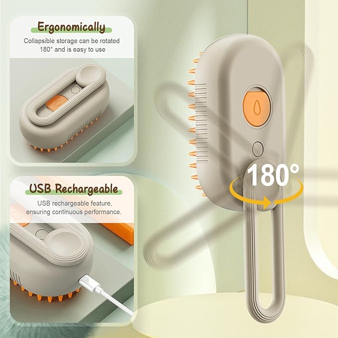 Upgrade Cat Steam Brush, 3 in 1 Pet Steam Groomer Brush, Rechargeable Pet Steam Groomer Comb for Massaging and Cleaning Shedding Pets Hair, Anti-Static Hair Removal Comb for Cats Dogs (Khaki+White)