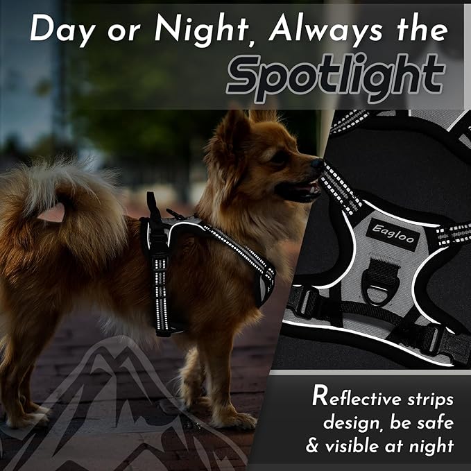 Eagloo Small Dog Harness No Pull, Service Vest with Reflective Strips and Control Handle, Adjustable and Comfortable for Walking, No Choke Pet Harness with 2 Metal Rings, Grey, XS