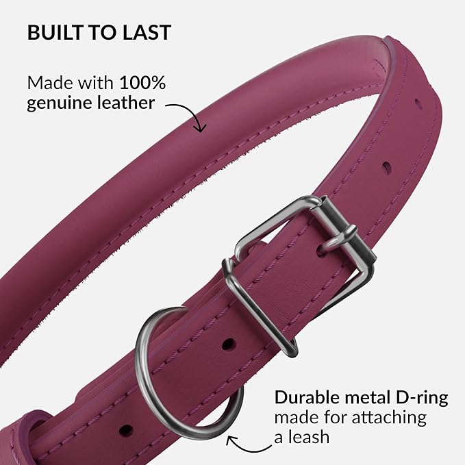 CollarDirect Rolled Leather Dog Collar, Soft Padded Round Puppy Collar, Handmade Genuine Leather Collar Dog Small Large Cat Collars 13 Colors (15-19 Inch, Pink Smooth)
