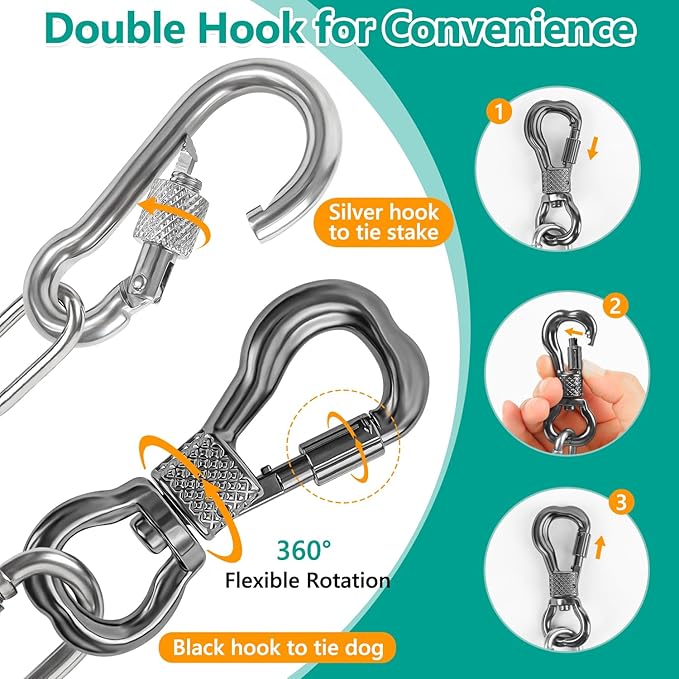 Tresbro Heavy Duty Dog Chains for Outside, 40FT Stainless Steel Tie Out Cable with Swivel Hook for Large Medium Dogs, Metal Chew Proof Pet Runner Chain Leash Lead for Outdoor Camping Hiking Yard, 4MM