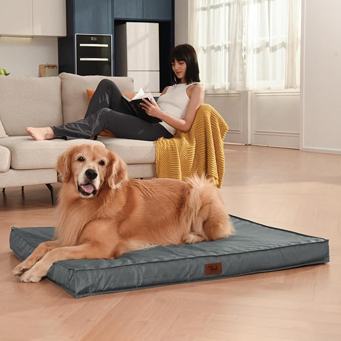 Outdoor Extra Large Dog Bed, Jumbo Waterproof Dog Bed for Large Dogs, Orthopedic Egg Foam Pet Bed Mat with Removable Oxford Cooling Cover, Grey