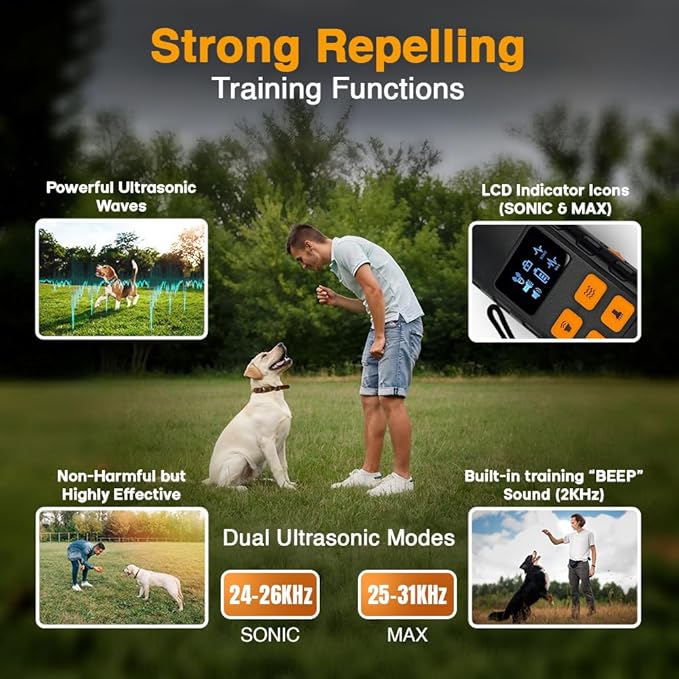 Dog Bark Deterrent Device, 4-in-1 Ultrasonic Anti Barking, 6 Training Modes 60 FT Range No More Barks Indoor Outdoor Behave Humane, Compact Bark Control for Dogs & Cats IPX6 Waterproof, Rechargeable