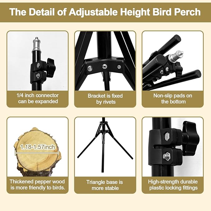 16-63 Inch Height Adjustable Bird Perch Pepper Wood Parrot Training Perch Stand with Feeding Cups and Swing Toy Parakeet Perches Indoor and Outdoor Parrot Stands for Small to Medium Bird