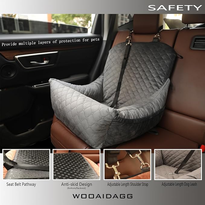 Dog Car Seat,Fully Detachable and Washable Cover,Easy to Assemble,Comfy Cushion Fill in Memory Foam,2 Clip-On Safety Leashes and Storage Pockets (Grey)