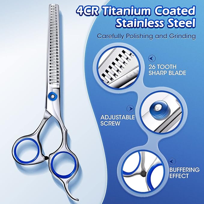 Gimars Professional 5 in 1 Grooming Scissors for Dogs 4CR with Safety Round Tip, Heavy Duty Titanium Coated Straight & Thinning & Curved Shears