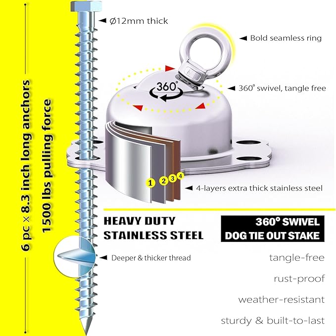 360° Swivel Dog Tie Out Stake with Upgrade 6 Screw Dog Anchors, Heavy Duty & Rust Proof Dog Stake Can Holds 1000Lbs of Pull Force, Up to 150lbs Dogs Perfect to Camping Yard Outdoor (Silver)