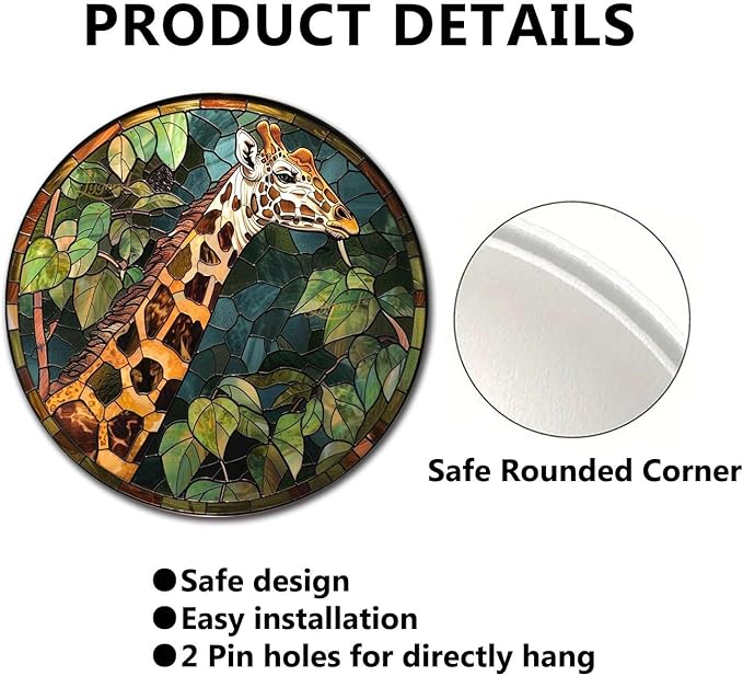 Lygond Metal Sign Tin Sign Circular Stained Glass Giraffe Funny Sign for Patio 12×12 Inches