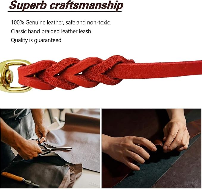 LWBMG Leather Dog Leash 8ftx1/2 inch, Heavy Duty Dog Leash, Strong and Sturdy Leather Braided Dog Leash, Soft and Comfortable Leather Leash for Medium Large Dogs Training and Walking Red