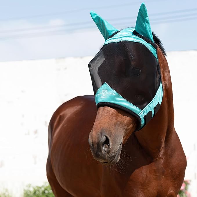 Harrison Howard Pro Luminous Horse Half Face Fly Mask Large Eye Space with Ears UV Protection for Horse Teal M