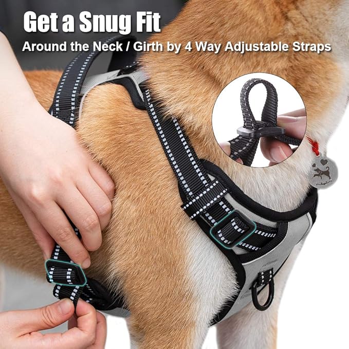 PoyPet No Pull Dog Harness, Reflective Comfortable Vest Harness with Front & Back 2 Leash Attachments and Easy Control Handle Adjustable Soft Padded Pet Vest for Small to Large Dogs (Gray,XL)