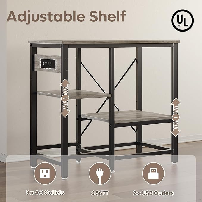 20-29 Gallon Fish Tank Stand with Power Outlets, 30.7 x 13.8 Metal Aquarium Stand with 3-Tiers Adjustable Storage Shelves, 6-Legs Reptile Terrarium Stand, 400 LBs