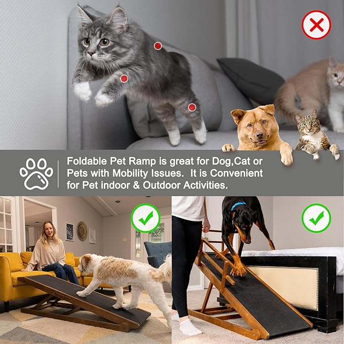 ABORON Folding Pet Ramp, 5-Level Adjustable Dog Ramp for Bed, Couch, SUV - High Traction Rubber Surface, Supports up to 200 lbs, 45.2" Long - Ideal for Small & Large Dogs & Cats,Brown Finish