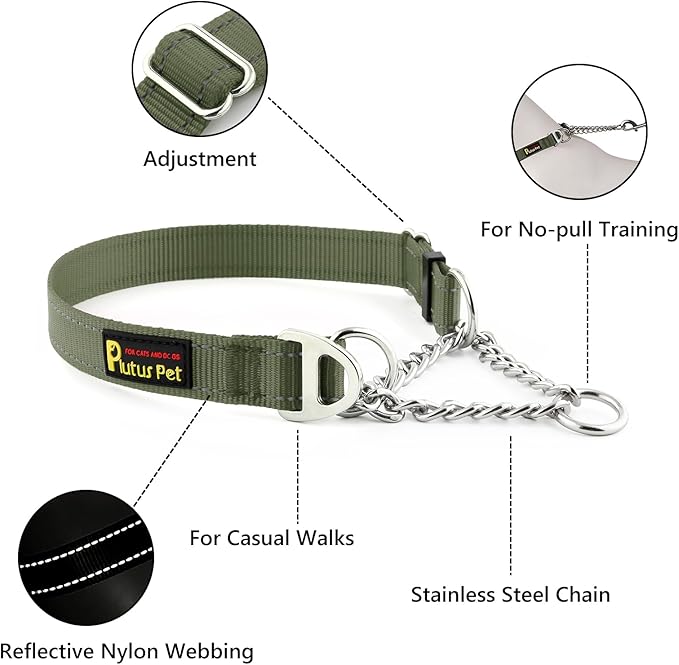 Plutus Pet Martingale Dog Collar with Stainless Steel Chain and Reflective Nylon, Adjustable No Pull Training Collar, for Small Medium, and Large Dogs, Ranger Green, M