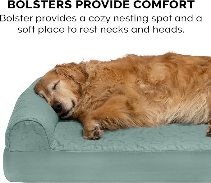 Furhaven Cooling Gel Dog Bed for Medium/Small Dogs w/ Removable Bolsters & Washable Cover, For Dogs Up to 35 lbs - Pinsonic Quilted Paw L Shaped Chaise - Iceberg Green, Medium
