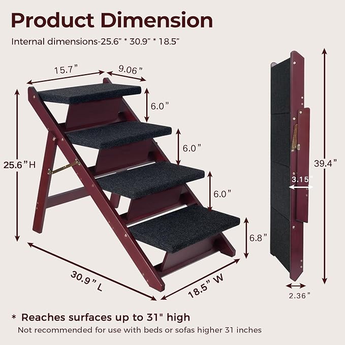BRIKY Wooden Dog Stairs/Steps - Foldable 4 Steps Dog Steps for High Bed Couch Cars, Non-Slip Pet Stairs for Small Large Medium Dogs and Cats, No Assembly Required