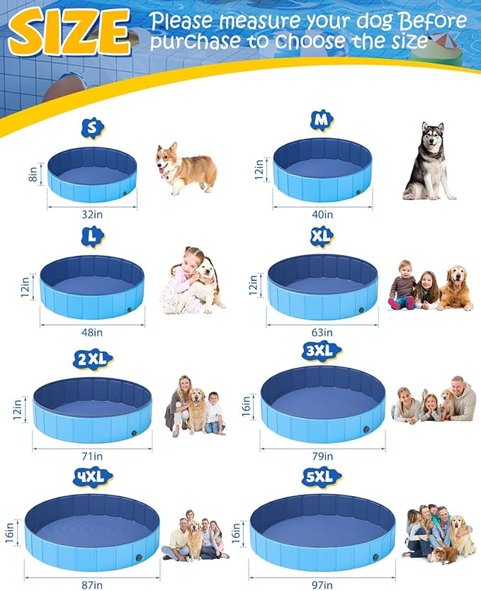 Foldable Dog Pool, YSJILIDE Portable PVC Pet Swimming Pool, Collapsible Plastic Bath for for Large Medium Small Dogs & Kids (XXXL-79"x 16" Blue)