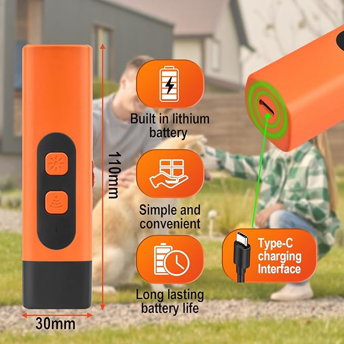 Dog Bark Deterrent Devices, Rechargeable Anti Barking Device for Dogs, 3 Modes & LED Light Ultrasonic Dog Trainer Indoor Outdoor, Suitable for Training to Improve Bad Behavior (Orange)