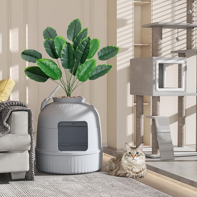 Lifewit 2 Pack Litter Box Cat with Faux Plant & Scoop, Hidden Enclosure Litter Tray with Odor Control & Carbon Filter in Living Room, Bedroom, Corner, Grey