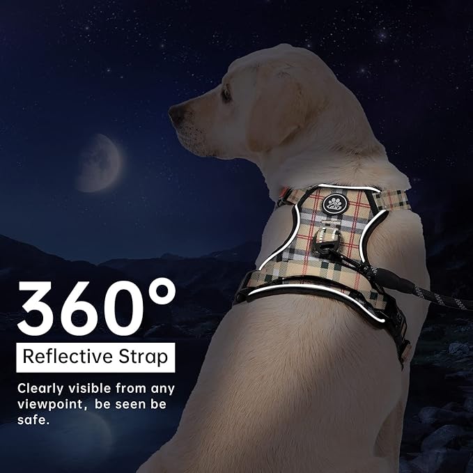 IVY&LANE No Pull Dog Harness with Leash Set, Reflective No Choke Pet Vest,Adjustable Oxford Dog Vest Harness with Easy Control Handle for Small Dogs (Checkered Beige,S)