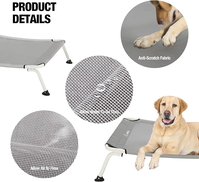 Veehoo Elevated Dog Bed for Outdoor, Cooling Waterproof Raised Dog Cots Beds for Large Dogs, Curved Off Ground Pet Hammock Cot Lifted for Outside, up to 85lbs, White Legs, Grey 42"